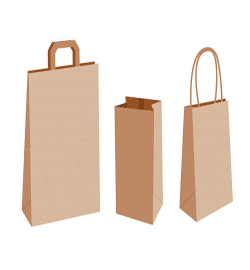 Vector collection of three empty paper bags with handles and without.  Kraft package illustration isolated on white background. Hand-drawn, flat design. Shop package. Zero waste. Ecological packing.