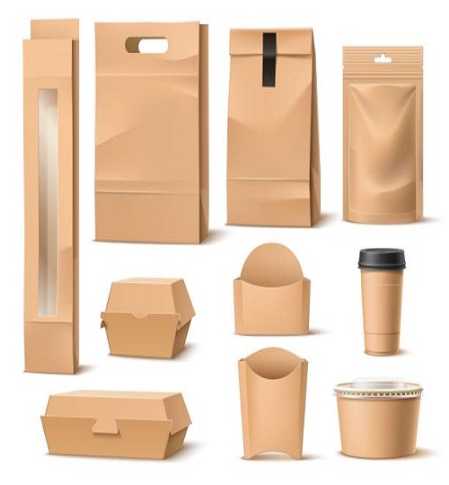 Takeaway food paper packaging. Realistic fastfood containers. Delivery pack. Blank 3D cardboard boxes, bags or cups mockup. Craft ziplock sachet. Meal wrapper. Coffee mug. Vector isolated packages set