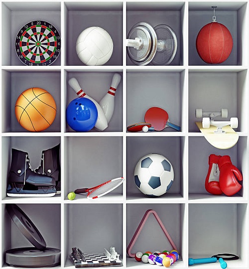 sport equipment on the shelves. creative concept